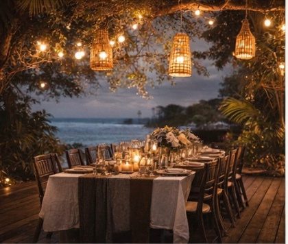 Mesa larga decorada para un evento privado al atardecer